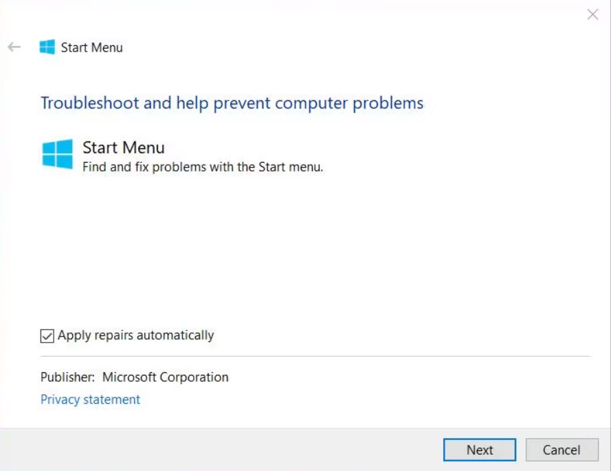 Microsoft Start Menu Troubleshooter