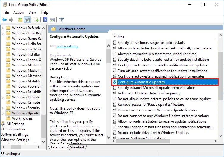 Turn off Auto Update via Group Policy Editor