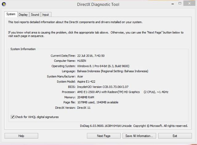 Through the DirectX Diagnostic Tool